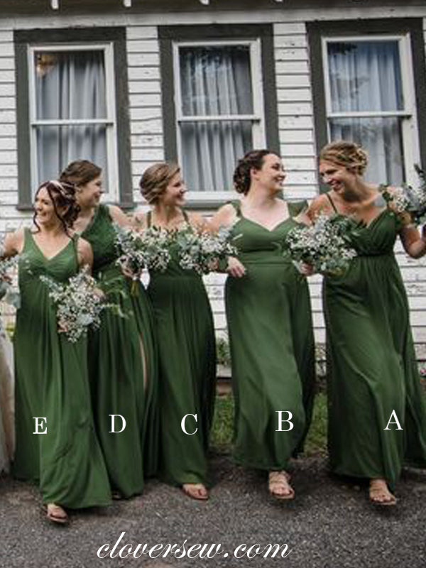 Green Chiffon Mismatched Sleeveless High Waist Long Bridesmaid Dresses, CB0279