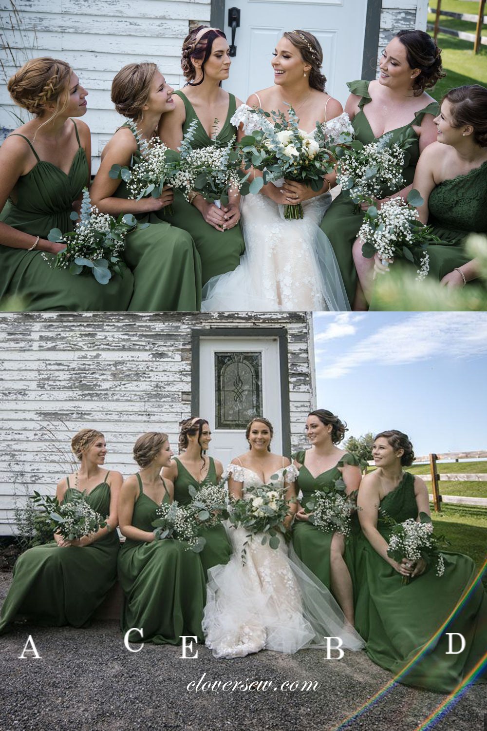 Green Chiffon Mismatched Sleeveless High Waist Long Bridesmaid Dresses, CB0279