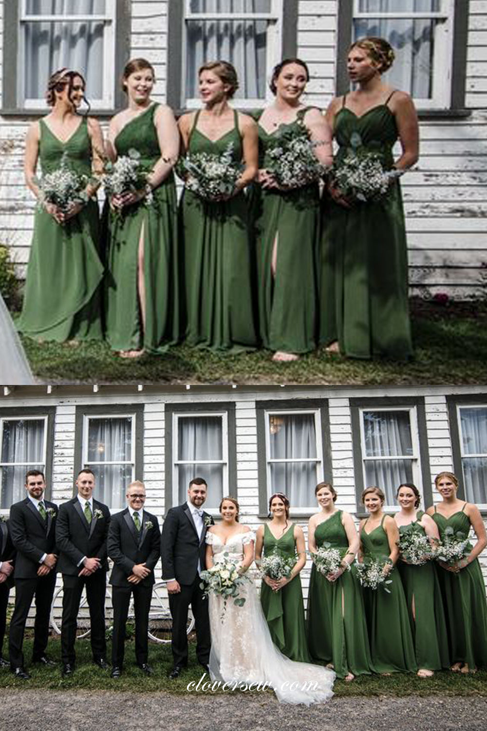 Green Chiffon Mismatched Sleeveless High Waist Long Bridesmaid Dresses, CB0279