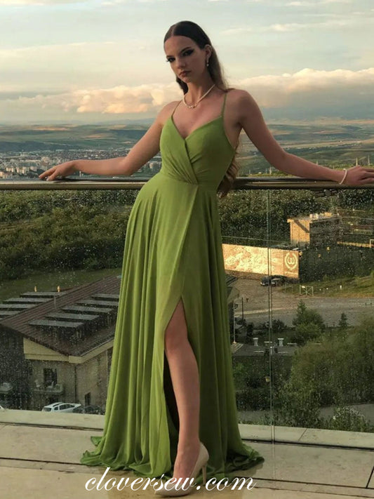 Green Chiffon Spaghetti Strap Side Slit Formal Dresses, CP0839