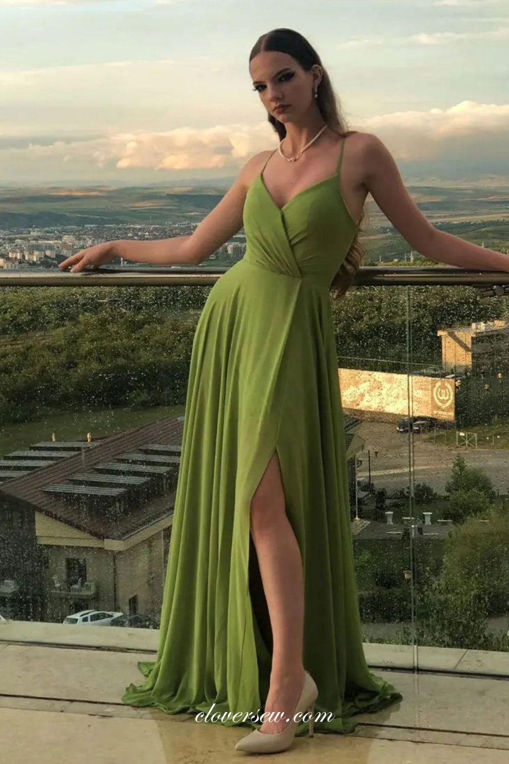 Green Chiffon Spaghetti Strap Side Slit Formal Dresses, CP0839 clover sew Green Chiffon Spaghetti Strap Side Slit Formal Dresses, CP0839 clover sew
