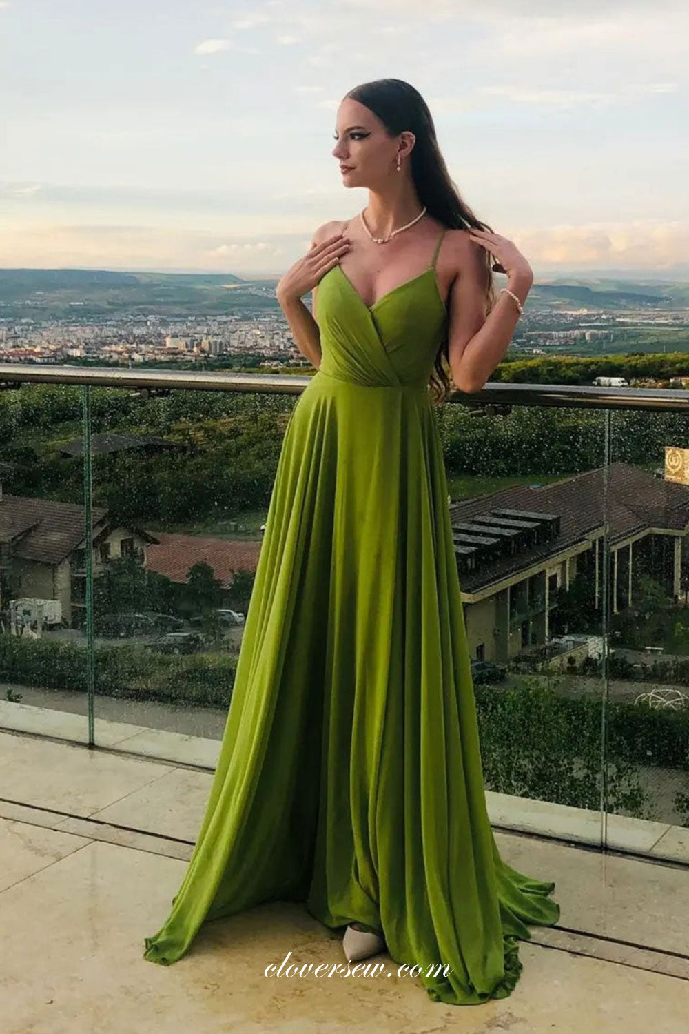 Green Chiffon Spaghetti Strap Side Slit Formal Dresses, CP0839 clover sew Green Chiffon Spaghetti Strap Side Slit Formal Dresses, CP0839 clover sew