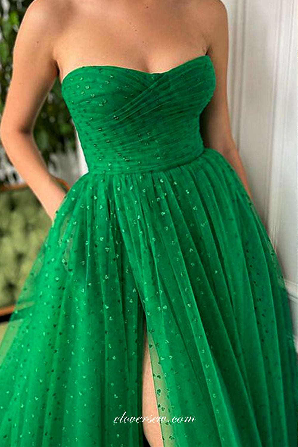 Green Heart Embroidery Tulle Strapless A-line Side Slit Prom Dresses, CP0965