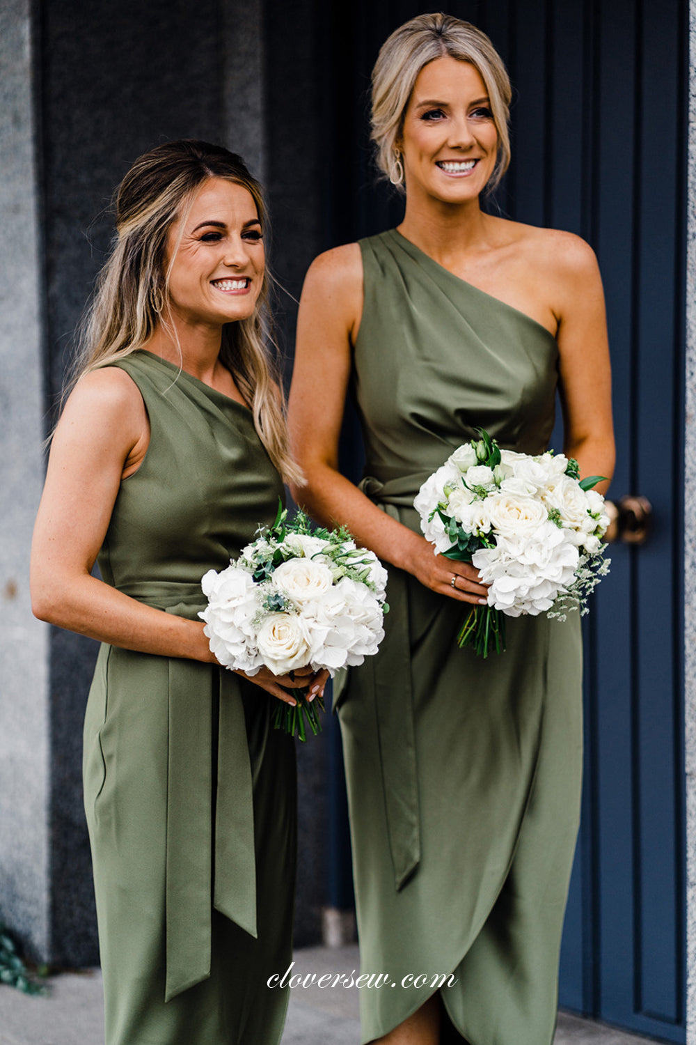 Green One Shoulder Sheath Tea-length Charming Bridesmaid Dresses. CB0274