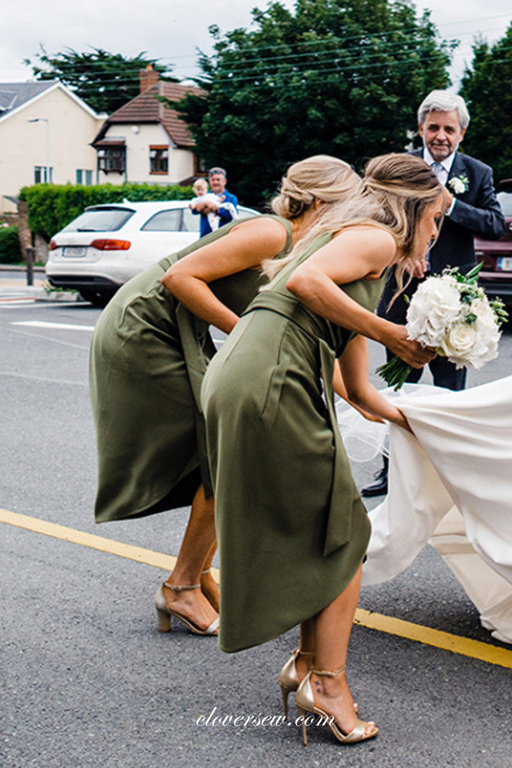 Green One Shoulder Sheath Tea-length Charming Bridesmaid Dresses. CB0274