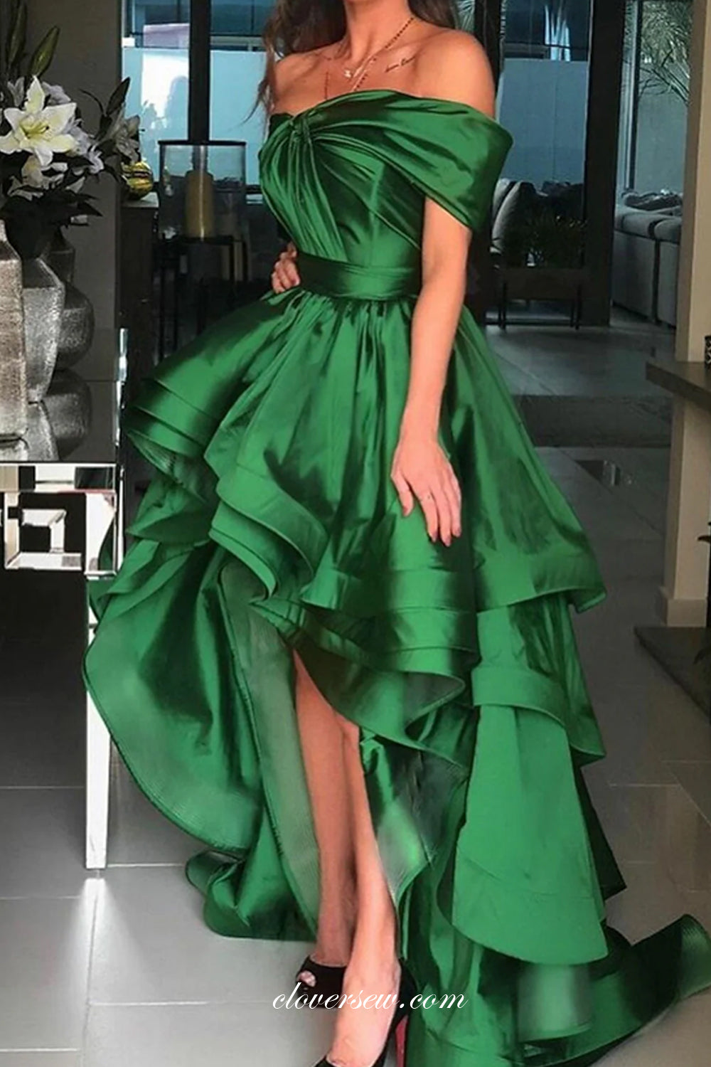 Green Satin High Low Pleating Off The Shoulder Prom Dresses, CP0803 ...