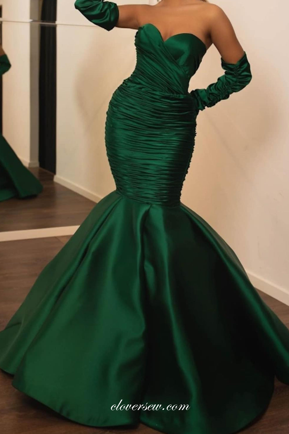 Green Satin Sweet Heart Convertible Sleeves Pleating Mermaid Formal Dresses, CP0807