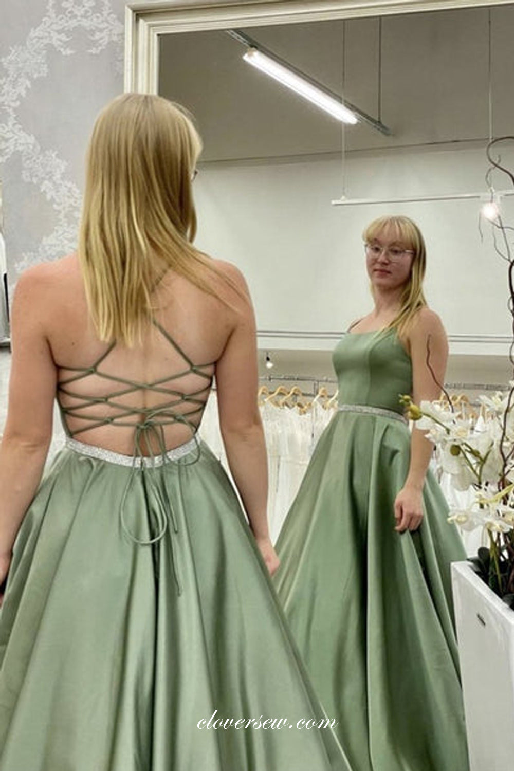 Green Spaghetti Strap Lace Up Back A-line Simple Prom Dresses, CP0863
