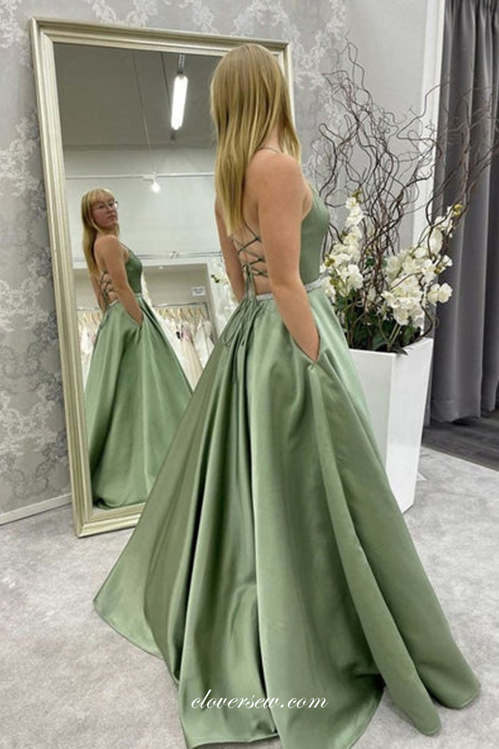 Green Spaghetti Strap Lace Up Back A-line Simple Prom Dresses, CP0863 clover sew Green Spaghetti Strap Lace Up Back A-line Simple Prom Dresses, CP0863 clover sew