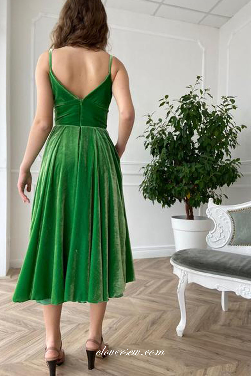 Green Velvet Charming High Waist A-line Fashion Party Dresses, CP0739