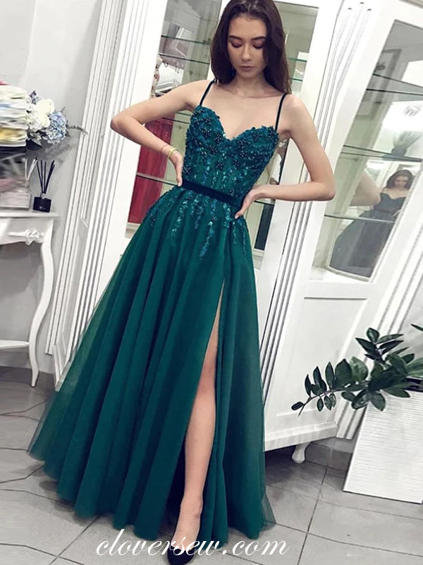 Green Bead Applique Tulle Spaghetti Strap A-line Prom Dresses, CP0474