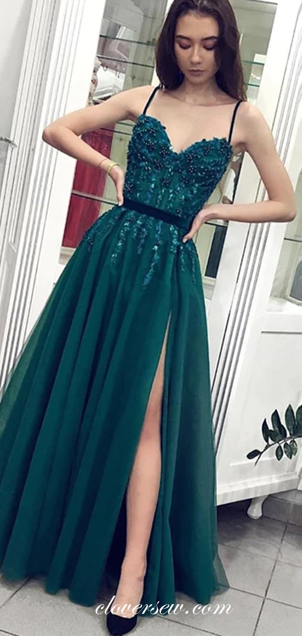 Green Bead Applique Tulle Spaghetti Strap A-line Prom Dresses, CP0474