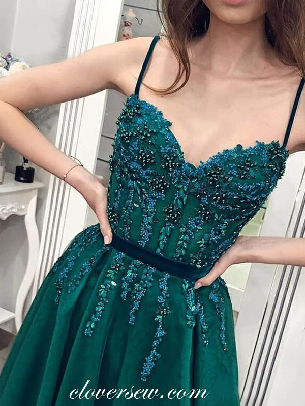 Green Bead Applique Tulle Spaghetti Strap A-line Prom Dresses, CP0474