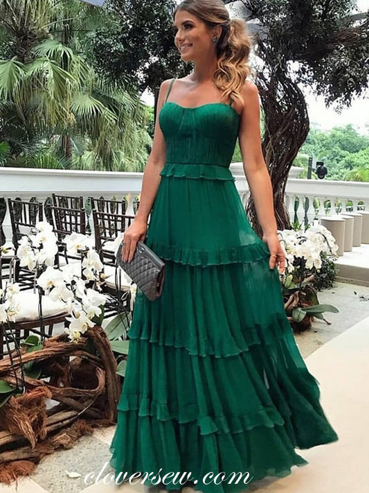 Green Chiffon Spaghetti Strap Tiered A-line Prom Dresses ,CP0213