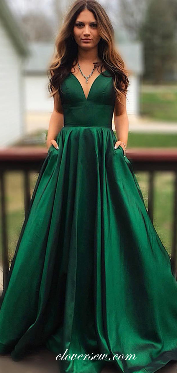 Green Satin Spaghetti Strap A-line With Pocket Prom Dresses,CP0374 Green Satin Spaghetti Strap A-line With Pocket Prom Dresses,CP0374