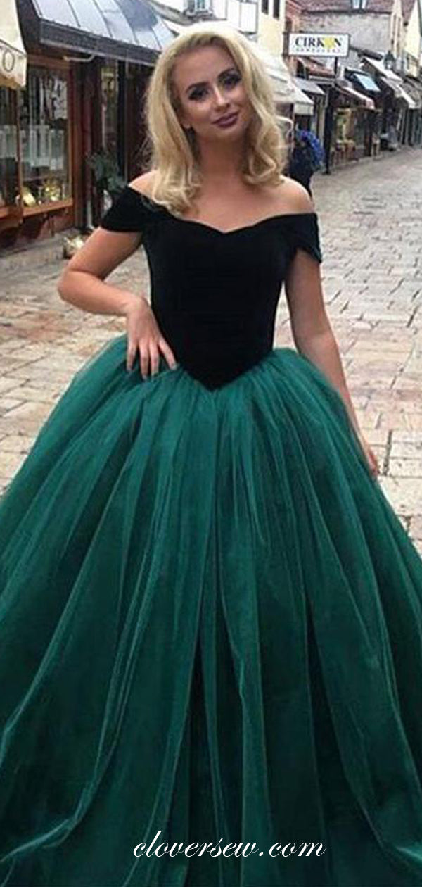 Green Tulle Velvet Off Shoulder Ball Gown Prom Dresses, CP0016