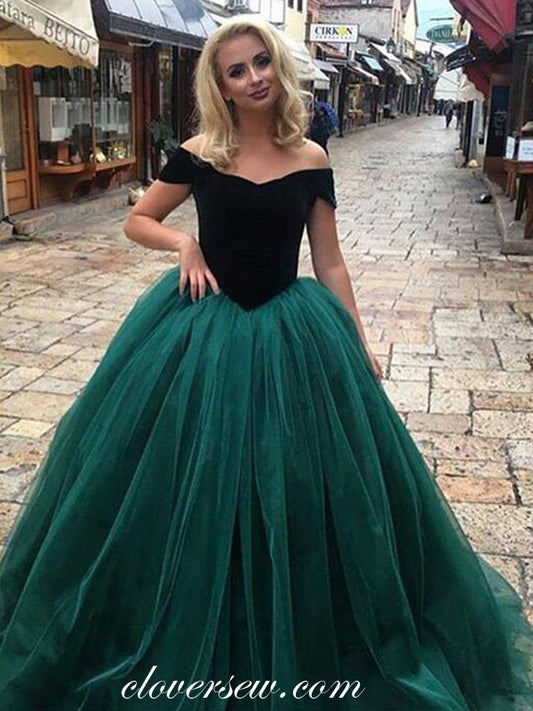 Green Tulle Velvet Off Shoulder Ball Gown Prom Dresses, CP0016
