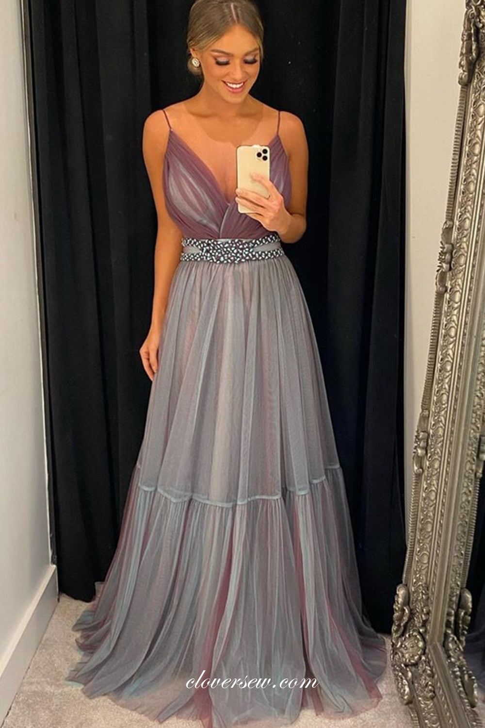 Grey Purple Tulle Spaghetti Strap Charming Prom Dresses, CP0676