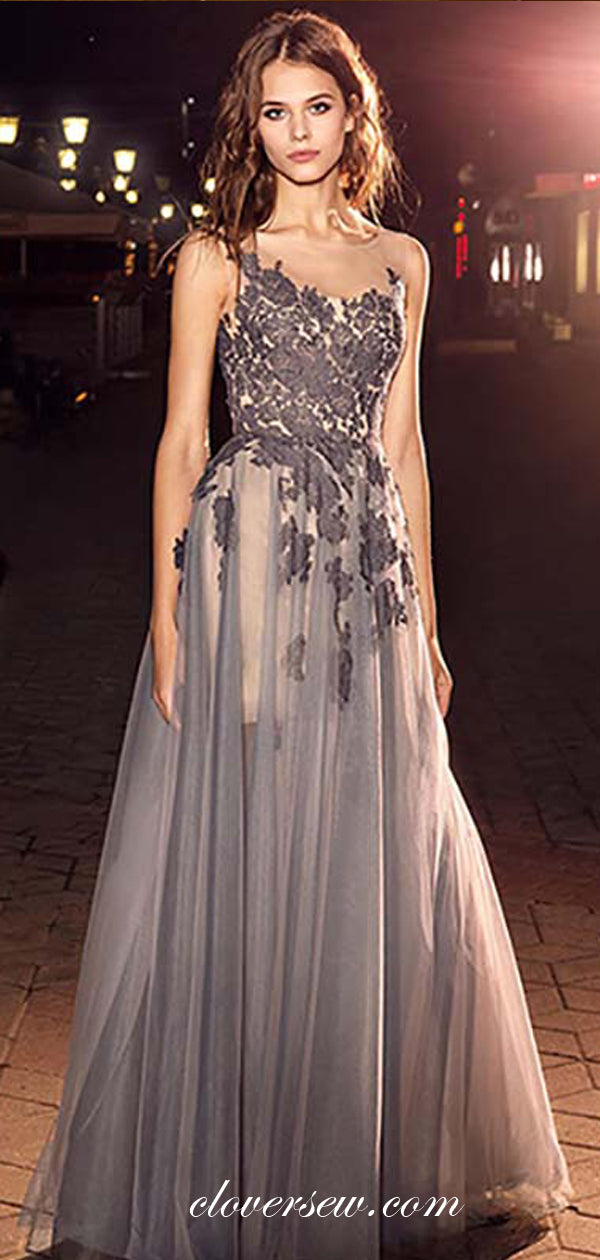 Grey Tulle Lace Illusion Sleeveless A-line Prom Dresses, CP0491