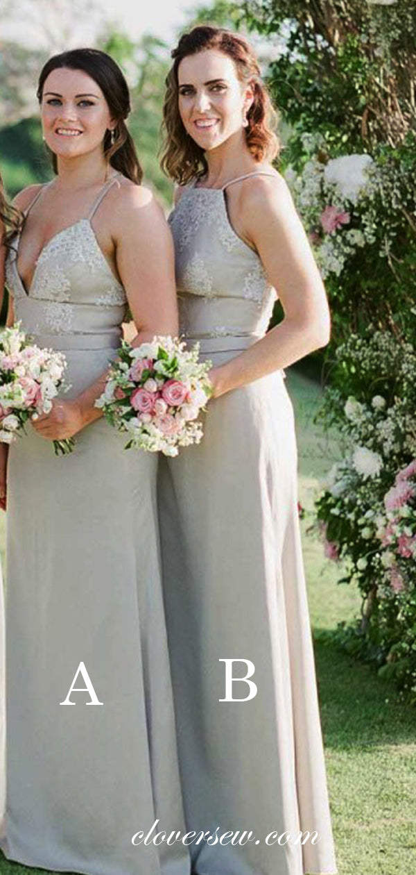 Grey Lace  Chiffon Spaghetti Strap Mismatched Long Bridesmaid Dresses , CB0016
