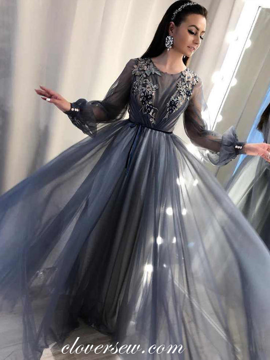 Grey Tulle Long Sleeves Applique A-line Prom Dresses,CP0436