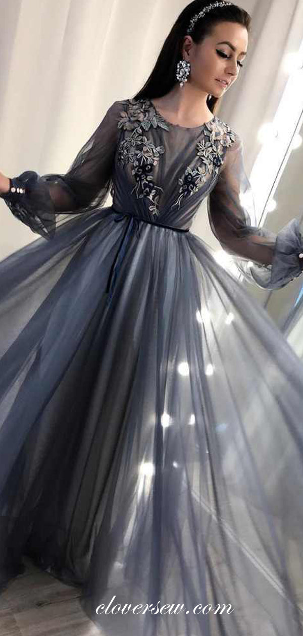 Grey Tulle Long Sleeves Applique A-line Prom Dresses,CP0436