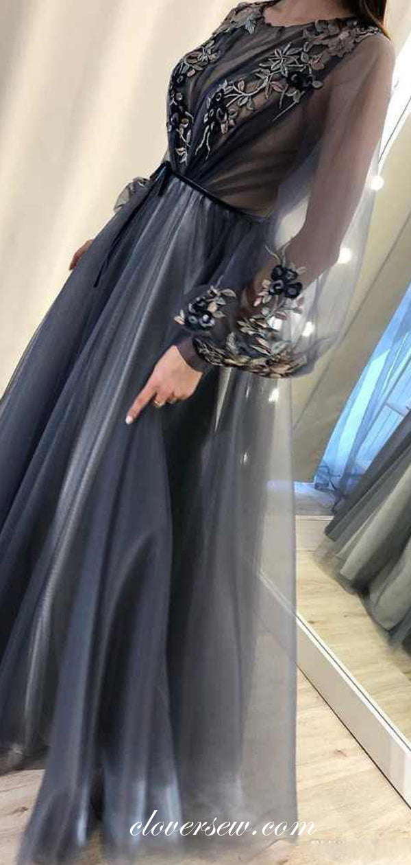 Grey Tulle Long Sleeves Applique A-line Prom Dresses,CP0436