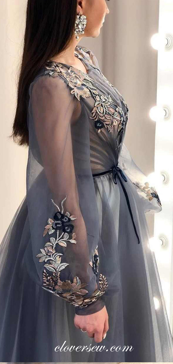 Grey Tulle Long Sleeves Applique A-line Prom Dresses,CP0436