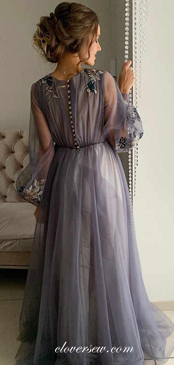 Grey Tulle Long Sleeves Applique A-line Prom Dresses,CP0436