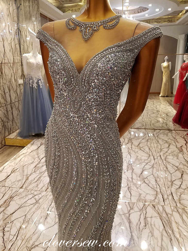 Grey Tulle Shiny Bead Rhinestone Illusion Neckline Formal Dresses , CP clover sew Grey Tulle Shiny Bead Rhinestone Illusion Neckline Formal Dresses , CP clover sew