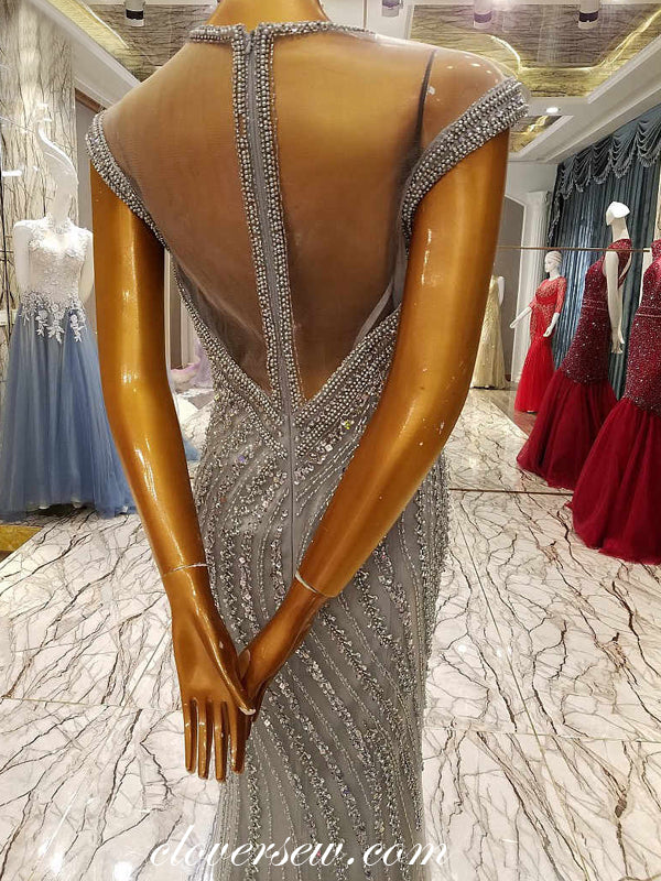 Grey Tulle Shiny Bead Rhinestone Illusion Neckline Formal Dresses , CP0119