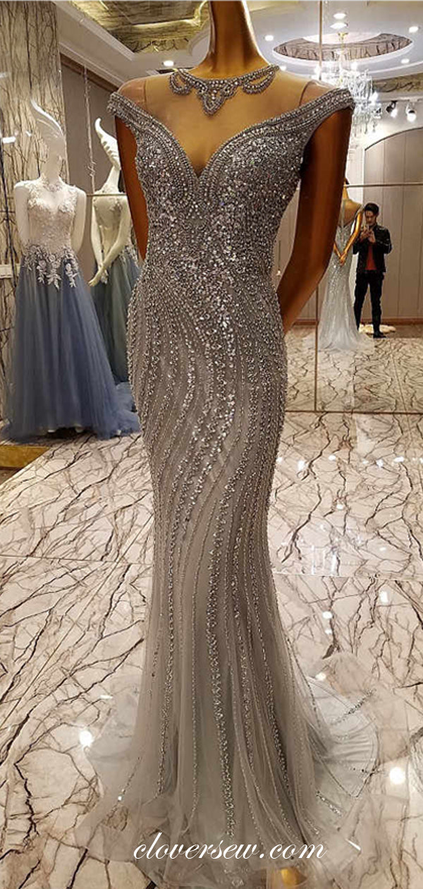 Grey Tulle Shiny Bead Rhinestone Illusion Neckline Formal Dresses , CP clover sew Grey Tulle Shiny Bead Rhinestone Illusion Neckline Formal Dresses , CP clover sew