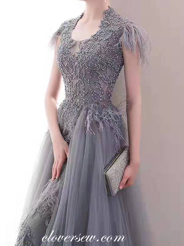 Grey Tulle With Bead Feather Cap Sleeves A-line Prom Dresses,CP0163