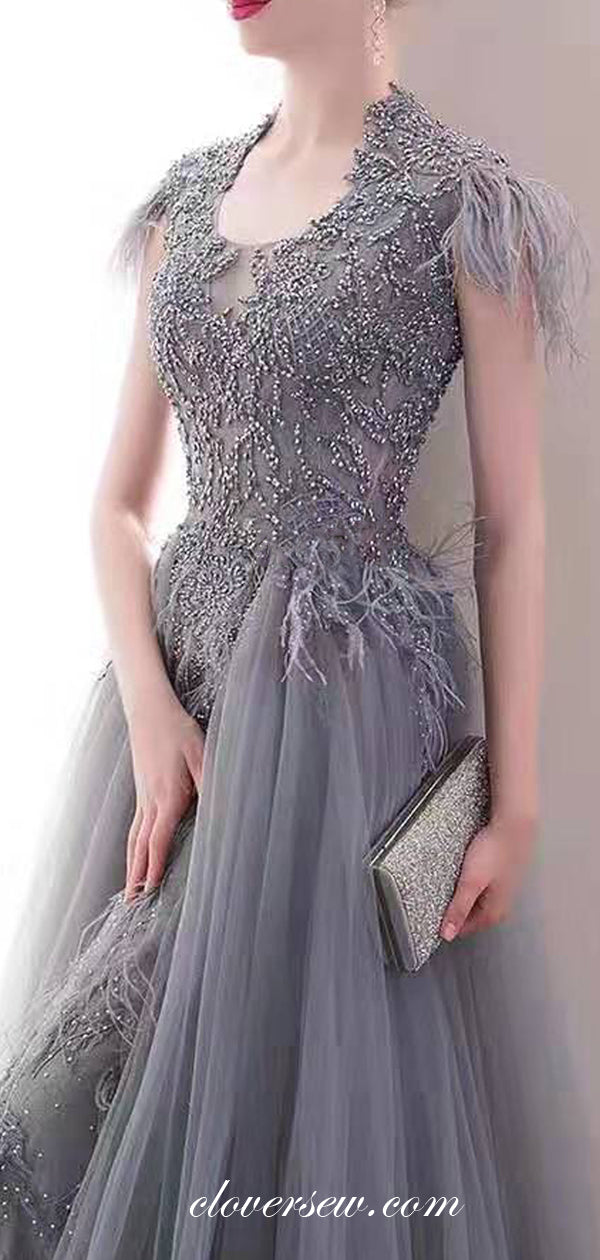 Grey Tulle With Bead Feather Cap Sleeves A-line Prom Dresses,CP0163