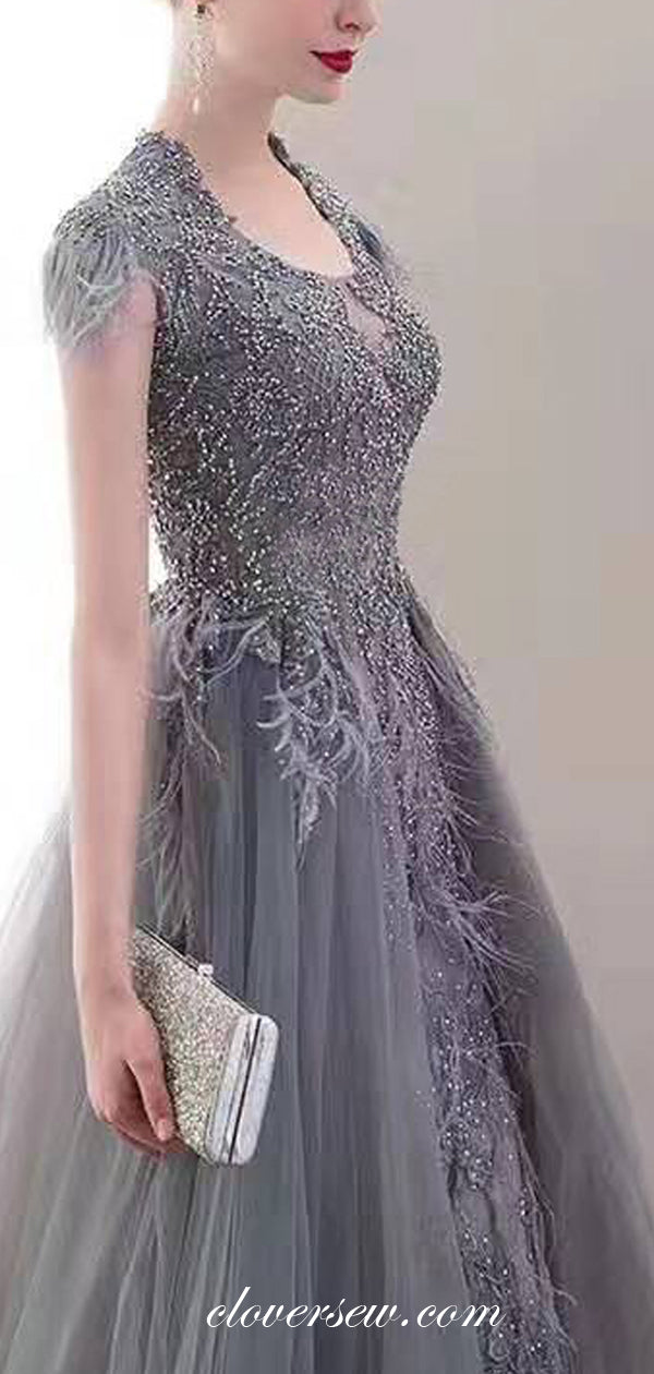 Grey Tulle With Bead Feather Cap Sleeves A-line Prom Dresses,CP0163