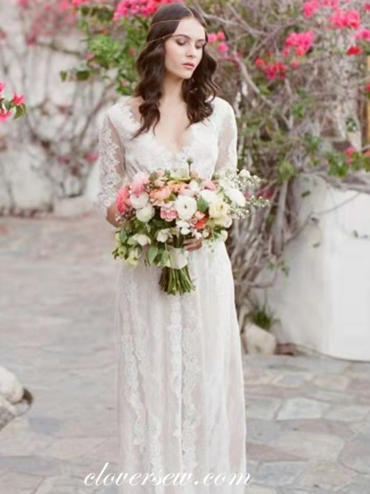 Half Sleeves Lace Charming V-neck Column Boho Wedding Dresses, CW0277