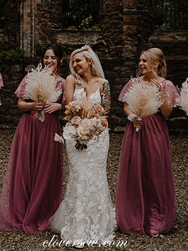 Half Sleeves Leaves Lace Tulle A-line Bridesmaid Dresses, CB0267