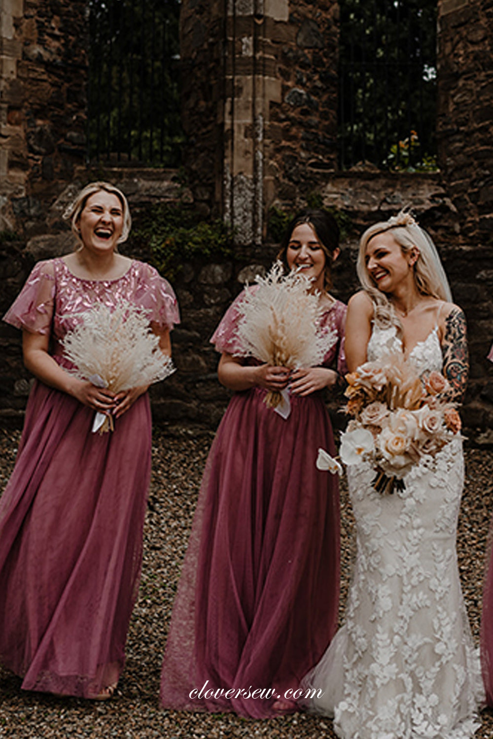 Half Sleeves Leaves Lace Tulle A-line Bridesmaid Dresses, CB0267