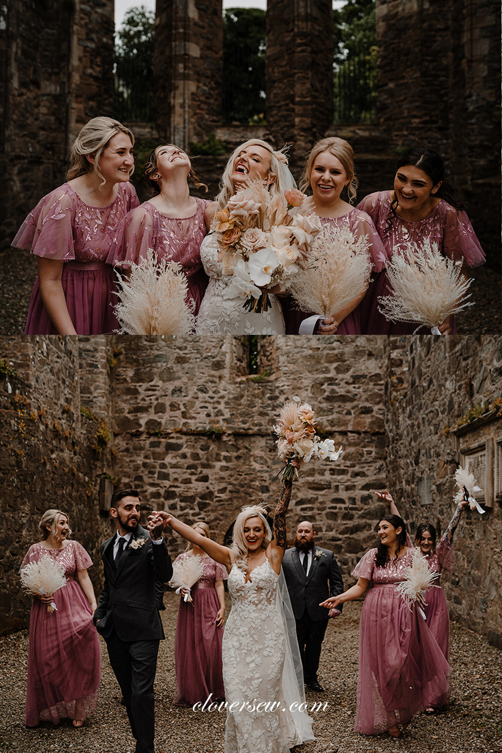 Half Sleeves Leaves Lace Tulle A-line Bridesmaid Dresses, CB0267