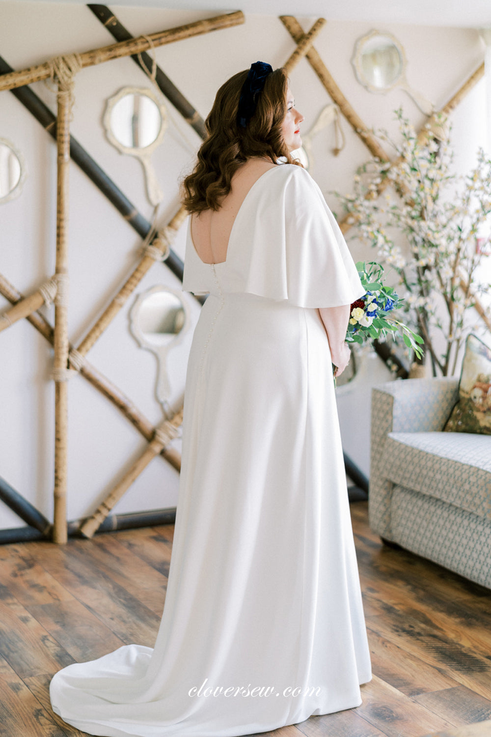 Half Sleeves V-neck Column Boho Simple Wedding Dresses, CW0309
