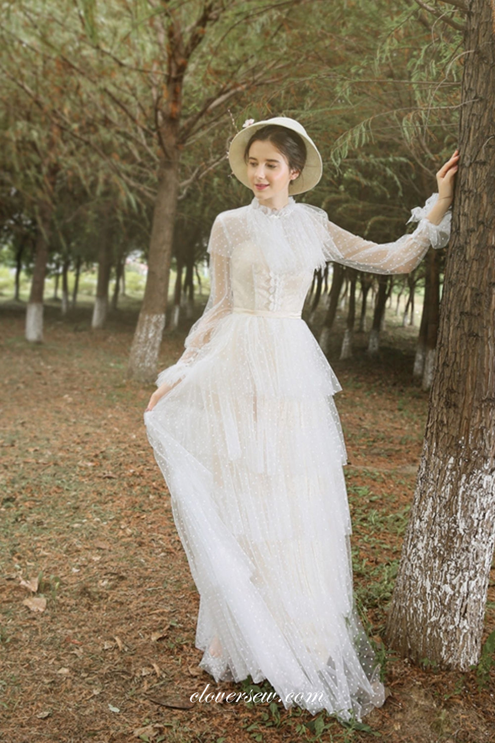 High Neck Lace Tulle Long Sleeves Column Tiered Vintage Wedding Dresse clover sew High Neck Lace Tulle Long Sleeves Column Tiered Vintage Wedding Dresse clover sew