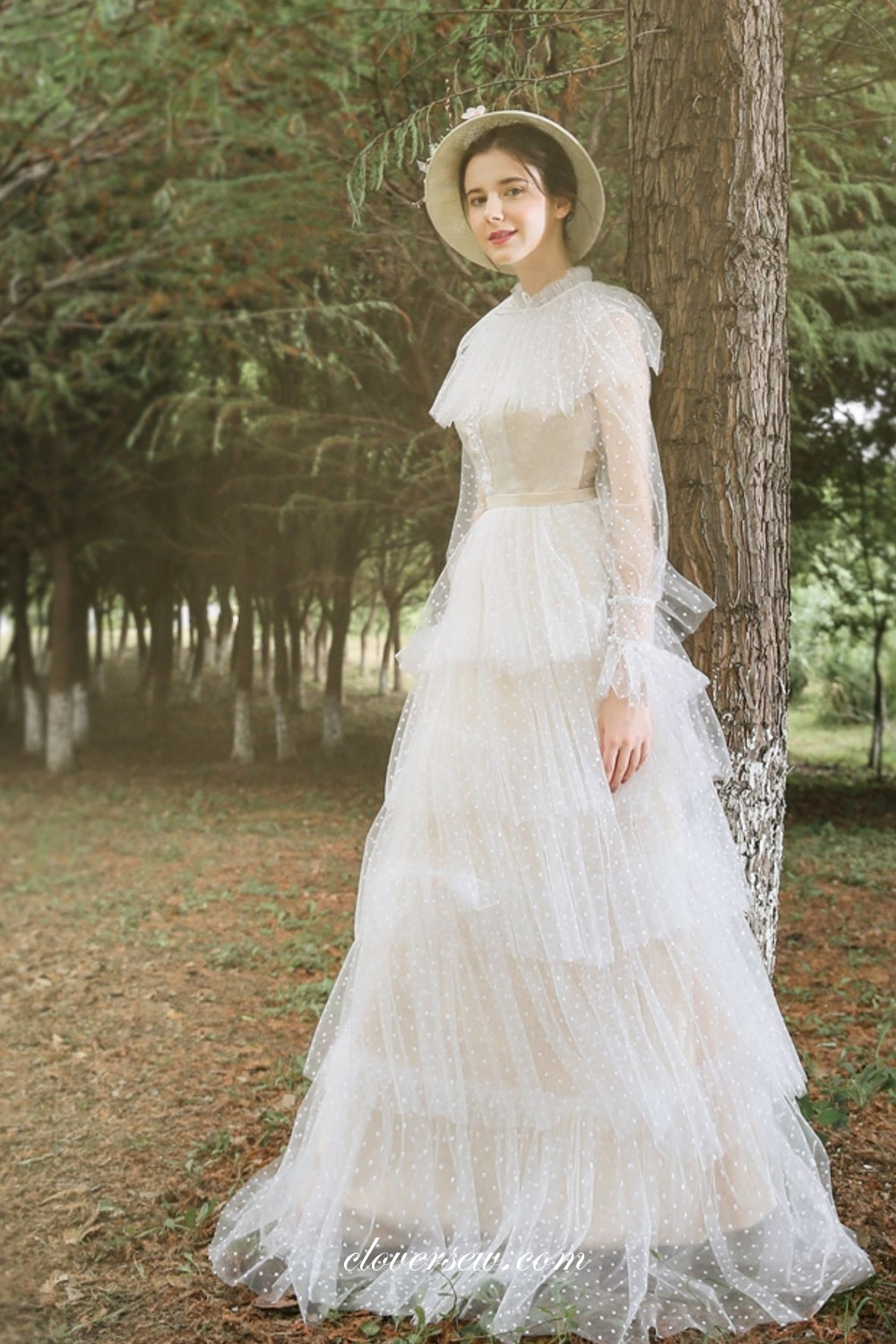 vintage tiered wedding dress High Neck Lace Tulle Long Sleeves Column Tiered Vintage Wedding Dresses, CW0276 US12 / As Pic