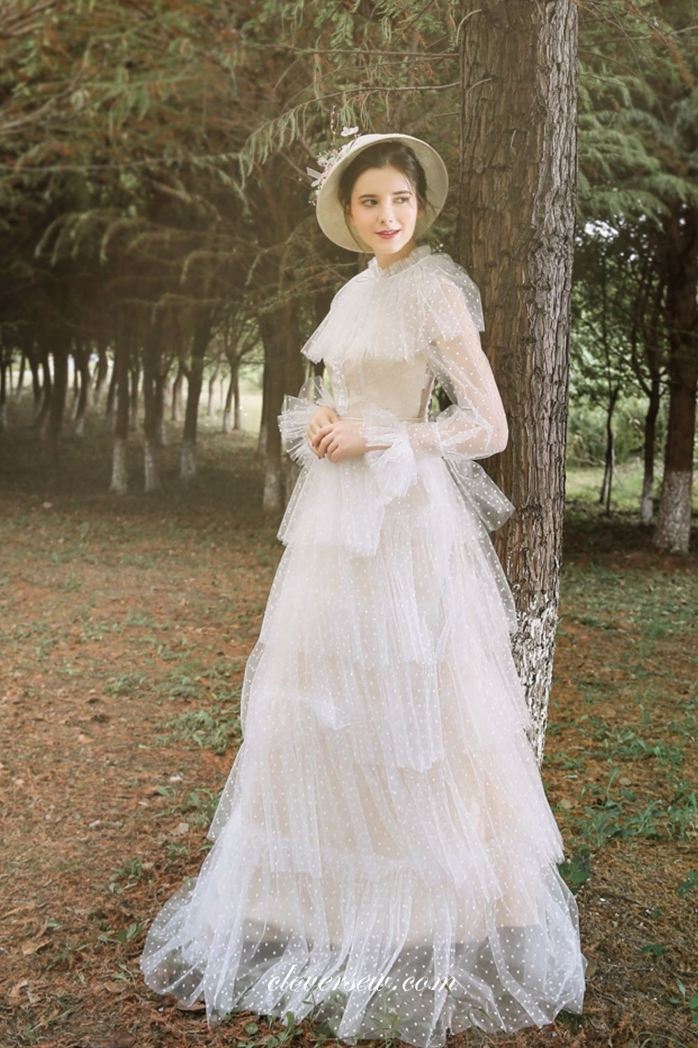 High Neck Lace Tulle Long Sleeves Column Tiered Vintage Wedding Dresses, CW0276