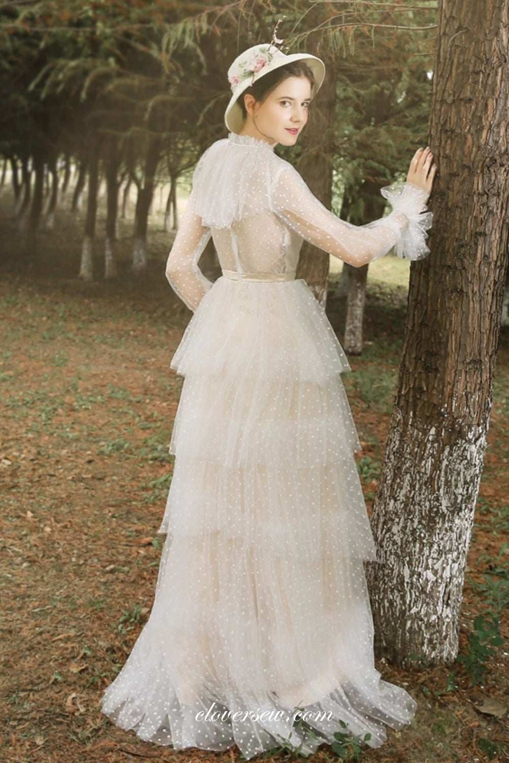 High Neck Lace Tulle Long Sleeves Column Tiered Vintage Wedding Dresses, CW0276