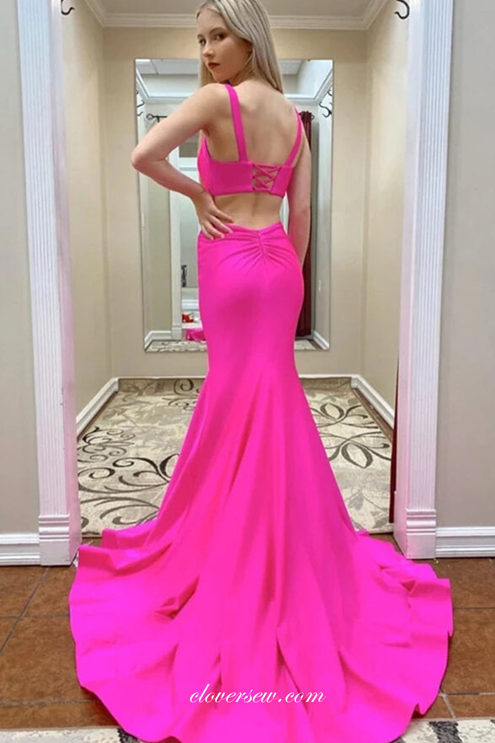Hot Pink Satin Square Neck Sleeveless Mermaid Prom Dresses, CP0878
