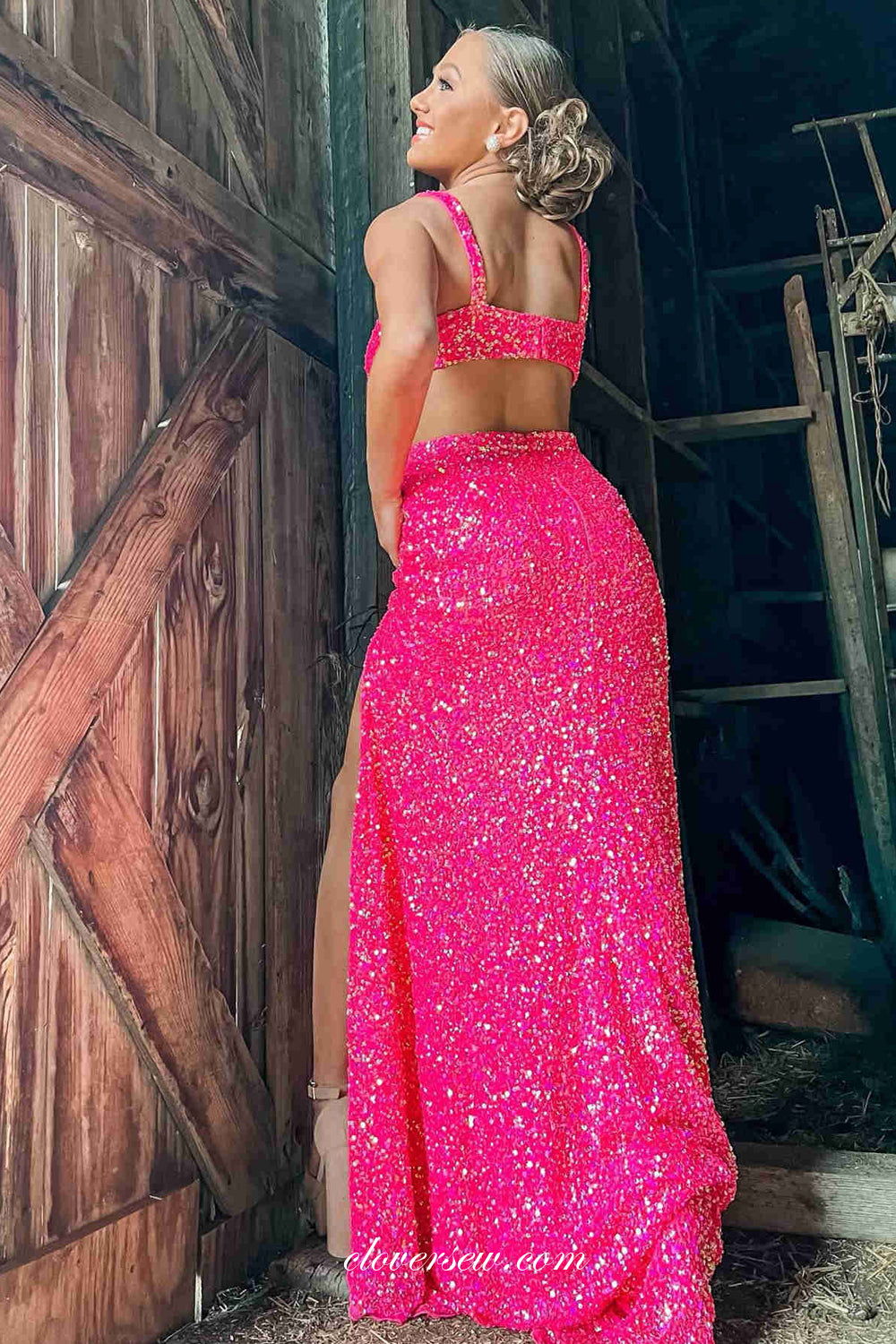 Hot Pink Sequin V-neck Open Waist Sheath With Slit Prom Dresses, CP089 clover sew Hot Pink Sequin V-neck Open Waist Sheath With Slit Prom Dresses, CP089 clover sew