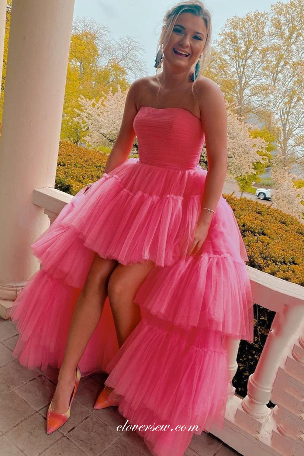 Hot Pink Tulle Tiered High Low Strapless Fashion Prom Dresses, CP0854