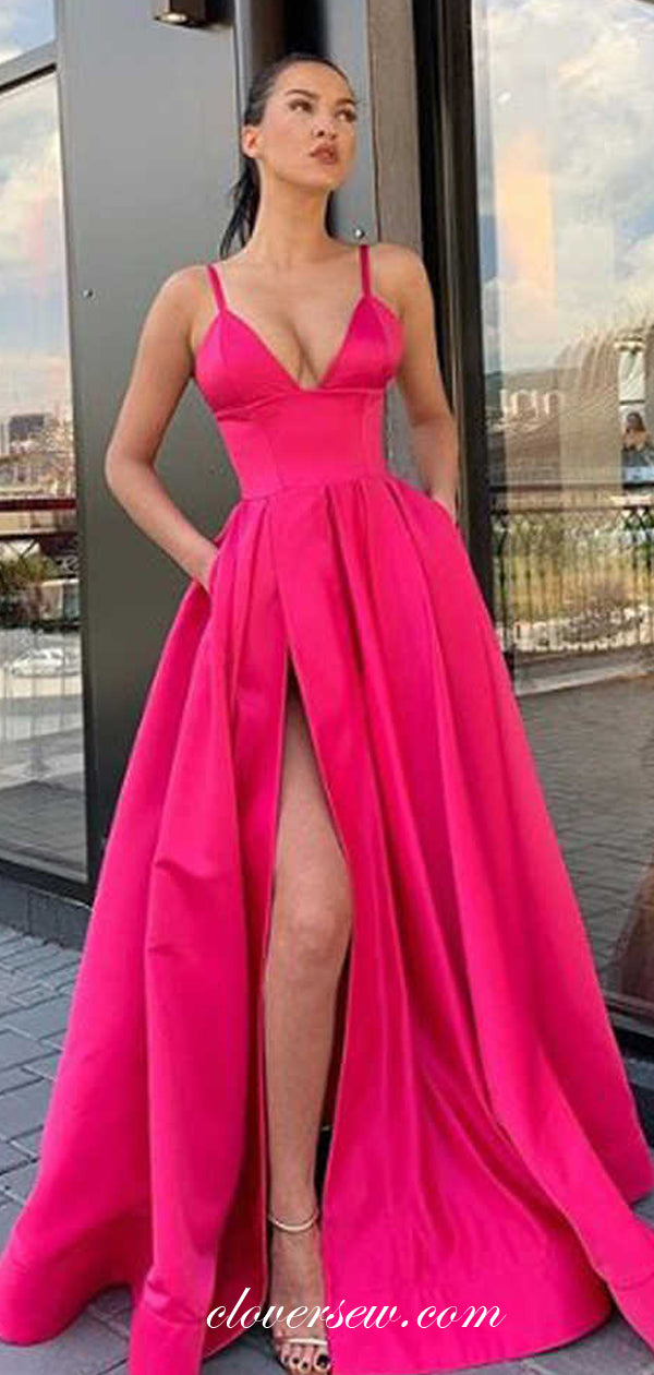 Hot Pink Satin V-neck Side Slit High Waist Prom Dresses,CP0341 Hot Pink Satin V-neck Side Slit High Waist Prom Dresses,CP0341