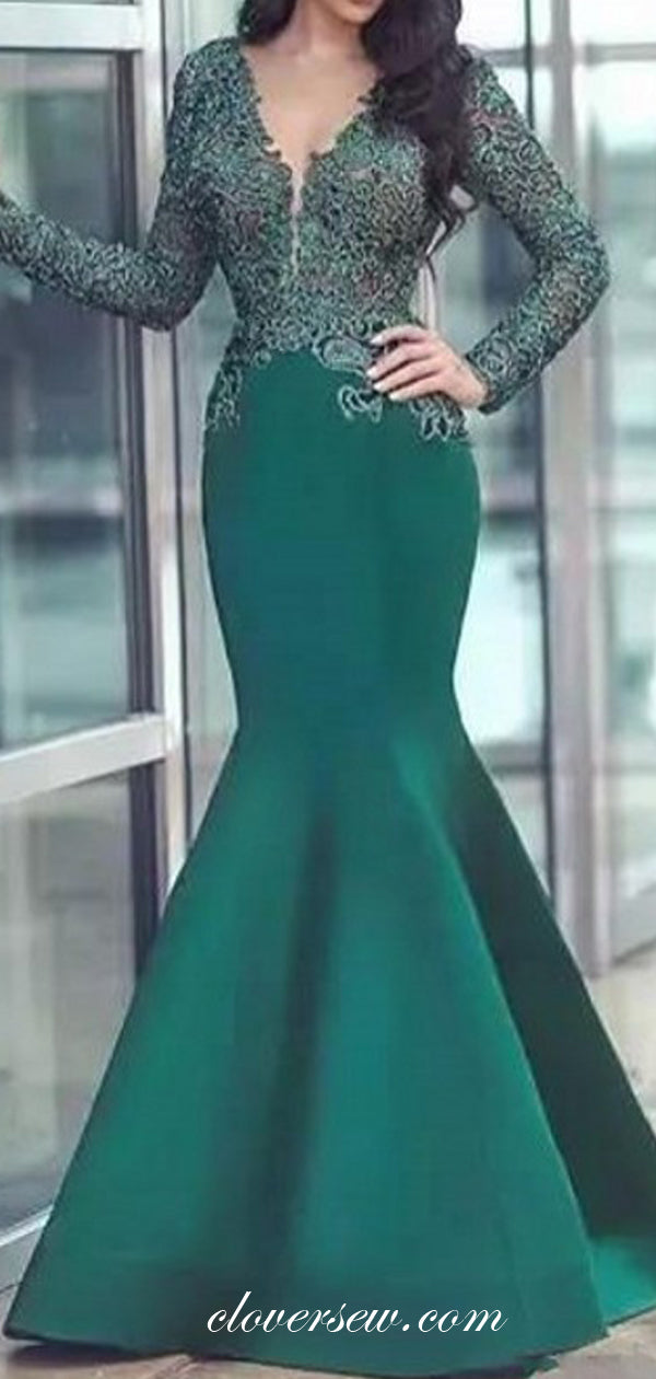 Hunter Green Lace Long Sleeves Mermaid Prom Dresses,CP0176