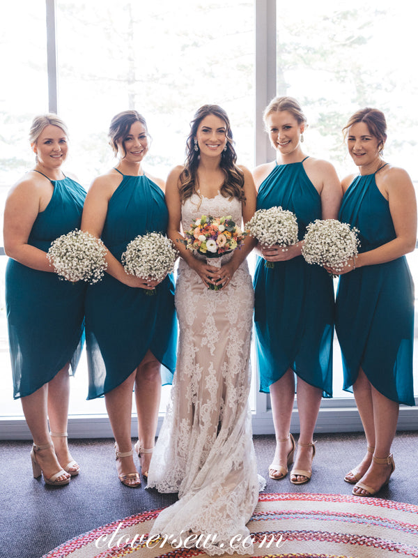 Ice Blue Halter Sheath Knee Length High Low Bridesmaid Dresses, CB0025 Ice Blue Halter Sheath Knee Length High Low Bridesmaid Dresses, CB0025